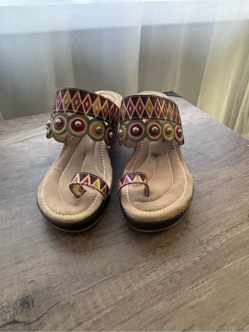 Embroidered Multicolor Toe-Loop Sandals in Beige and Jewel Tones